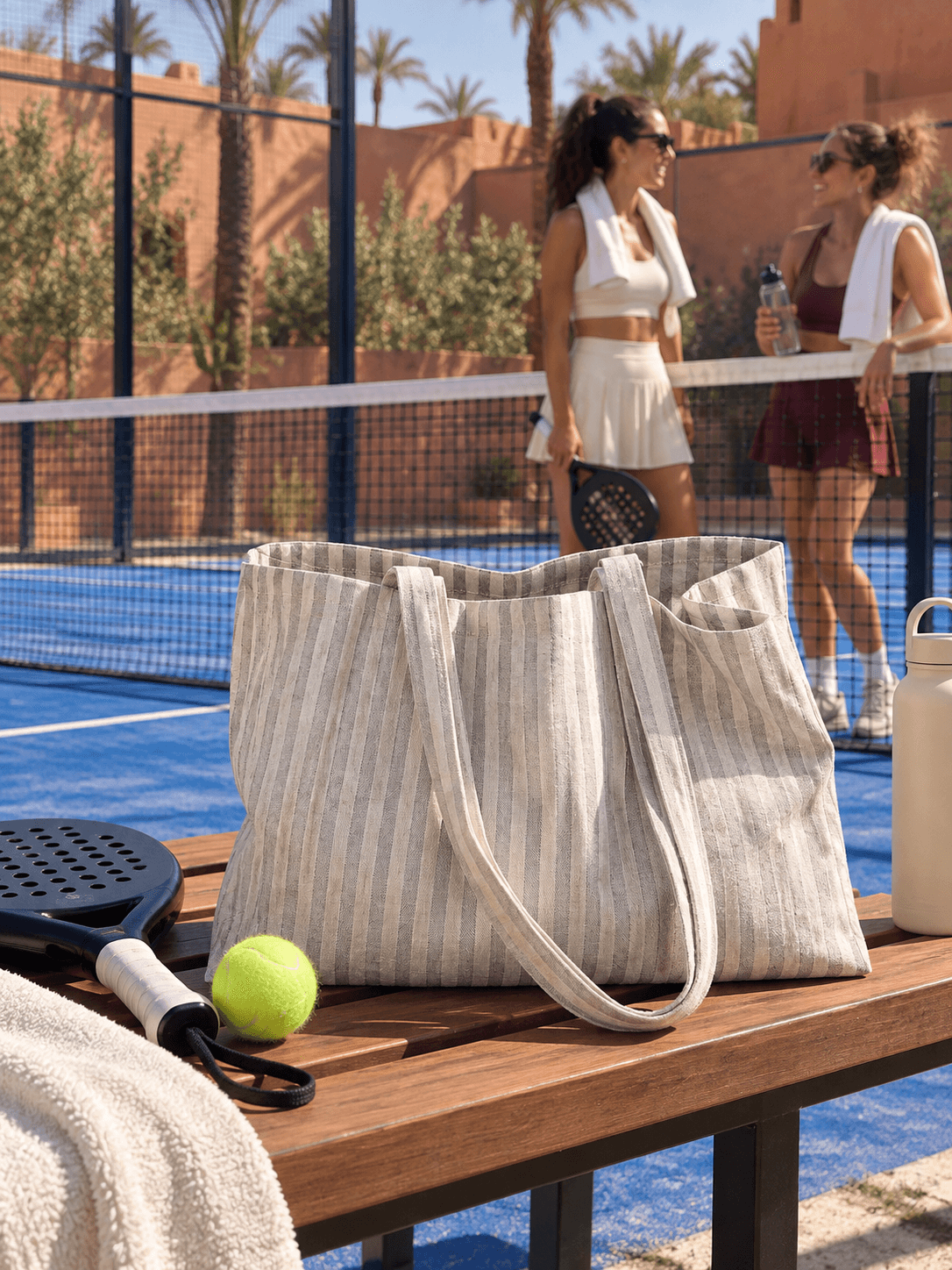 Striped tote on a padel court bench with two players behind it.